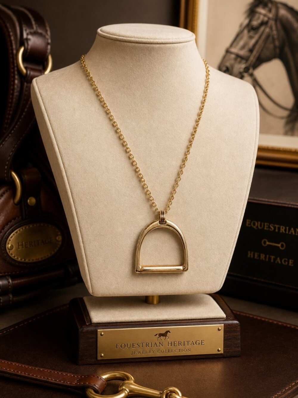 Gold Stirrup Pendant Necklace, Equestrian Statement Necklace, Horse Lover Jewelr